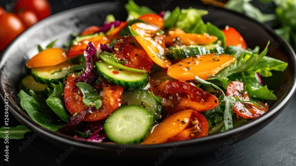 A delicious array of vibrant vegetables, including lettuce, tomatoes, and cucumbers, beautifully arranged and drizzled with a tangy dressing that enhances its freshness. A delicious array of vibrant vegetables, including lettuce, tomatoes, and cucumbers, beautifully arranged and drizzled with a tangy dressing that enhances its freshness.