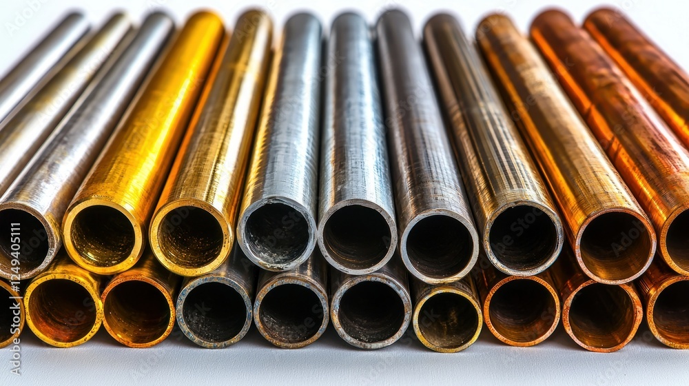 Row of assorted metal pipes on white surface Row of assorted metal pipes on white surface