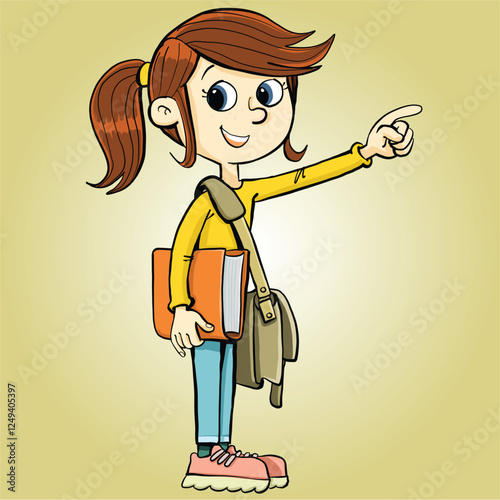 teenage girl with a book and a school bag on her shoulder is pointing in the direction with her left hand