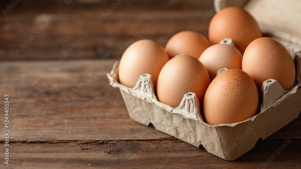 This image features a dozen fresh brown eggs carefully arranged in a cardboard container, symbolizing nourishment and culinary potential in a rustic setting. This image features a dozen fresh brown eggs carefully arranged in a cardboard container, symbolizing nourishment and culinary potential in a rustic setting.
