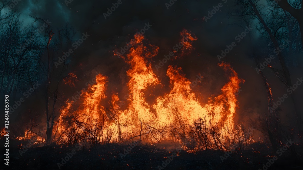 Forest Fire: Wildfire Flames, Smoke, Burning Trees, Disaster, Heat, Emergency, Destruction, and Nature Crisis Forest Fire: Wildfire Flames, Smoke, Burning Trees, Disaster, Heat, Emergency, Destruction, and Nature Crisis