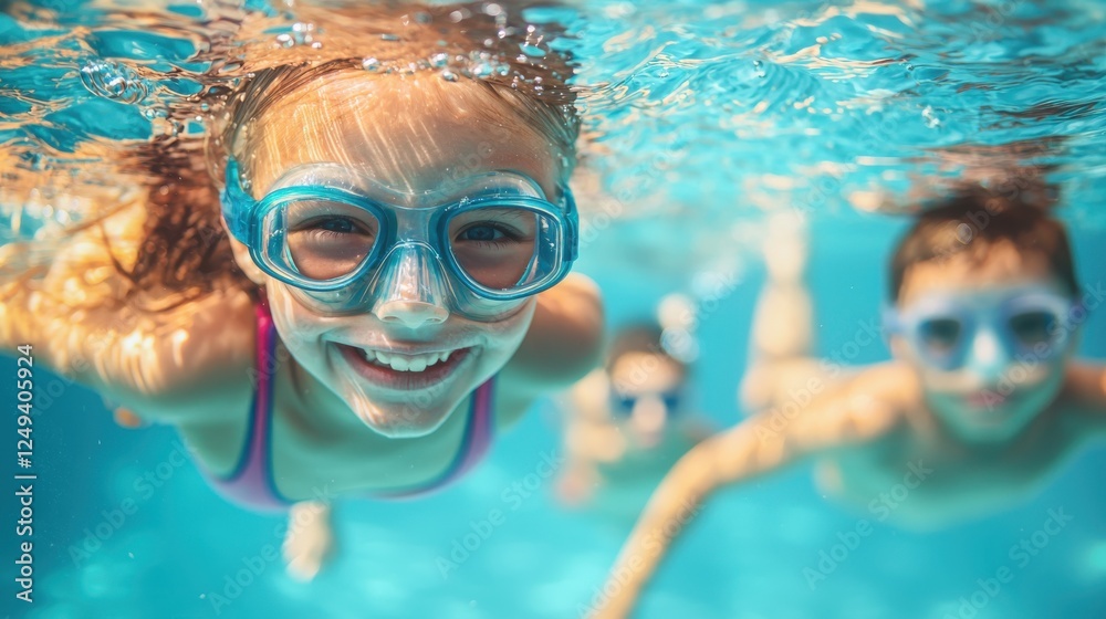 Naklejka premium Girl wearing a swimming suit and goggles preparing to dive into a pool