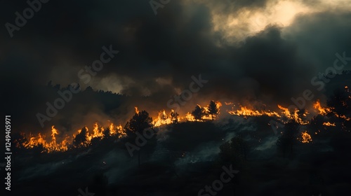 Forest Fire: Wildfire Flames, Smoke, Burning Trees, Disaster, Heat, Emergency, Destruction, and Nature Crisis