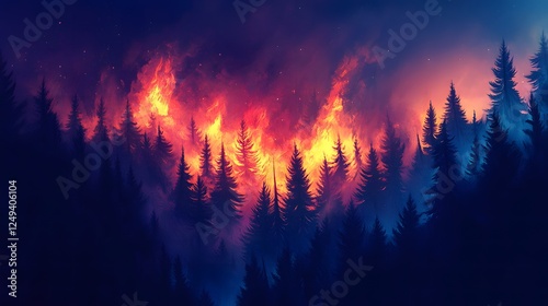 Forest Fire: Wildfire Flames, Smoke, Burning Trees, Disaster, Heat, Emergency, Destruction, and Nature Crisis