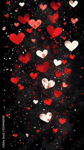 Colorful hearts falling against a dark background for romantic celebrations a...