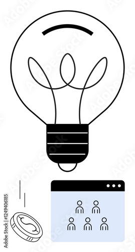 Large light bulb symbolizing ideas, coin emphasizing investment, webpage with user icons representing teamwork. Ideal for innovation, leadership, creativity, finance, collaboration, business