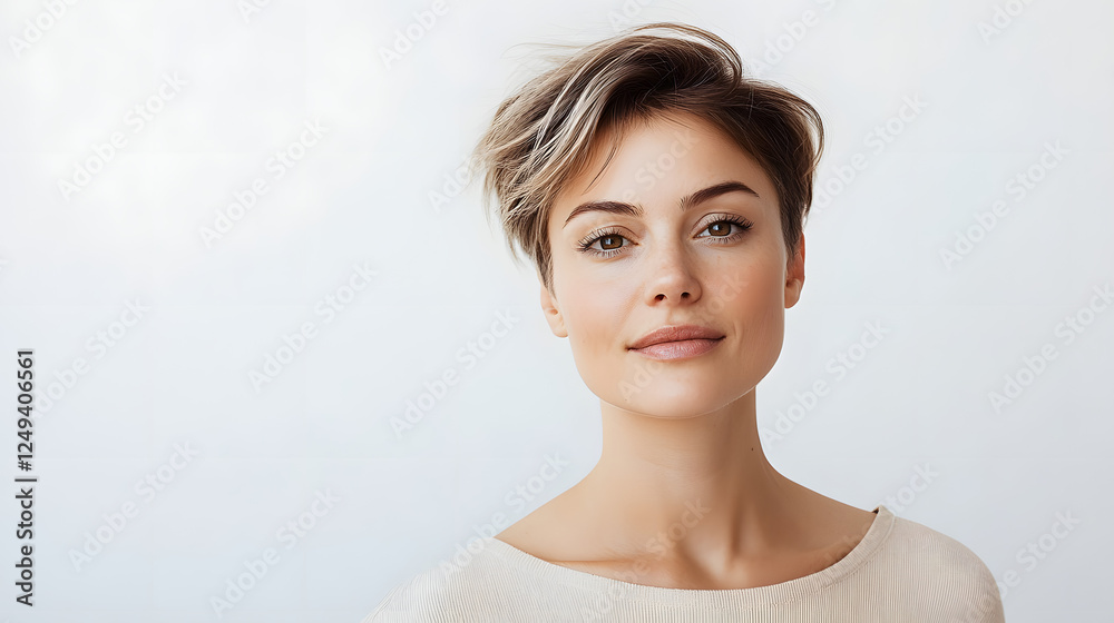A confident short-haired woman in a minimalist outfit. A confident short-haired woman in a minimalist outfit.