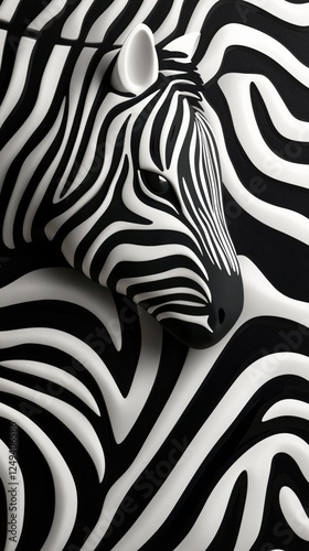 Striking black and white zebra head closely integrated with abstract patterns...