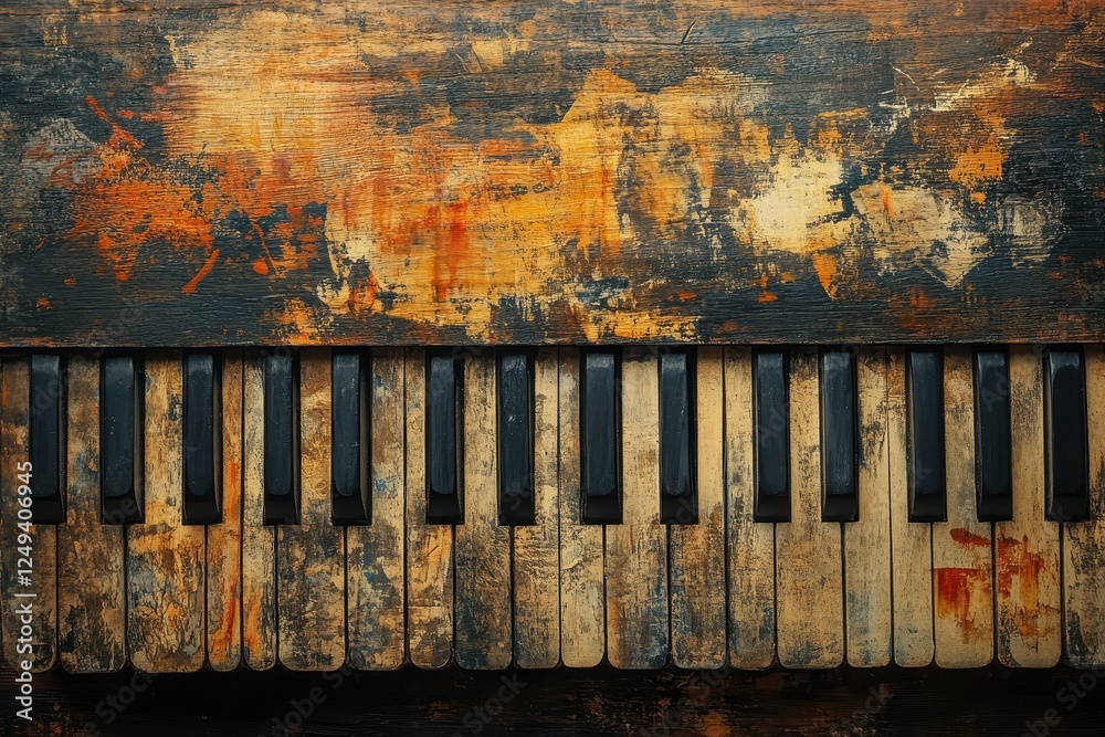 Fototapeta premium Heavily textured vintage piano keys and surface show age
