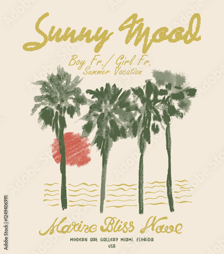 Sunny Mood. summer vacation. palm paradise.   beach club slogan print for palm beach. Palm tree summer beach t shirt print design, Vintage Retro sunset or sunrise. surfing with big wave.