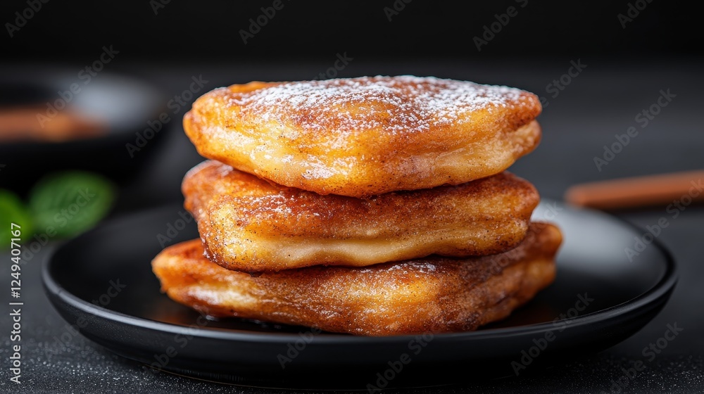 A tempting stack of fried sweet cubes dusted with powdered sugar, offering a delightful contrast of textures and tastes, perfect for dessert lovers. A tempting stack of fried sweet cubes dusted with powdered sugar, offering a delightful contrast of textures and tastes, perfect for dessert lovers.