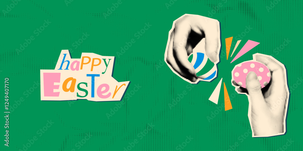 Happy Easter modern retro halftone art collage banner template. Cut out magazine shapes of hands holding Easter eggs tapping or knocking them together. Trendy mixed media vector illustration