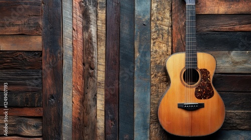 Acoustic guitar rests against a weathered wooden wall surface