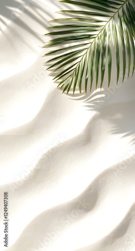 Palm tree tropical  leaf on white beach sand with empty space for text message.