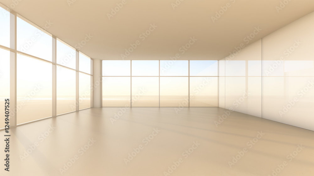 Fototapeta premium A spacious modern interior with large floor-to-ceiling windows allowing soft natural light
