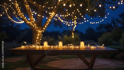Empty Wood table top with decorative outdoor string lights hanging on tree in the garden at night time	
