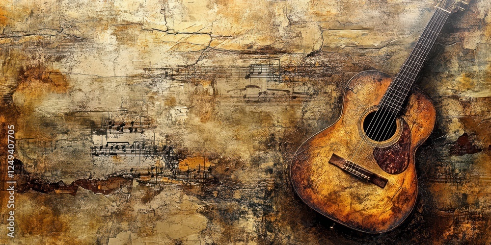 Acoustic guitar leaning against a distressed wall with musical notations Acoustic guitar leaning against a distressed wall with musical notations