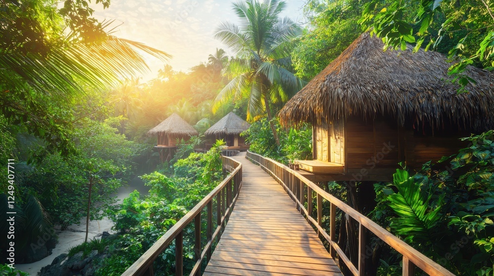 Wooden walkway leading to a small hut surrounded by lush jungle vegetation