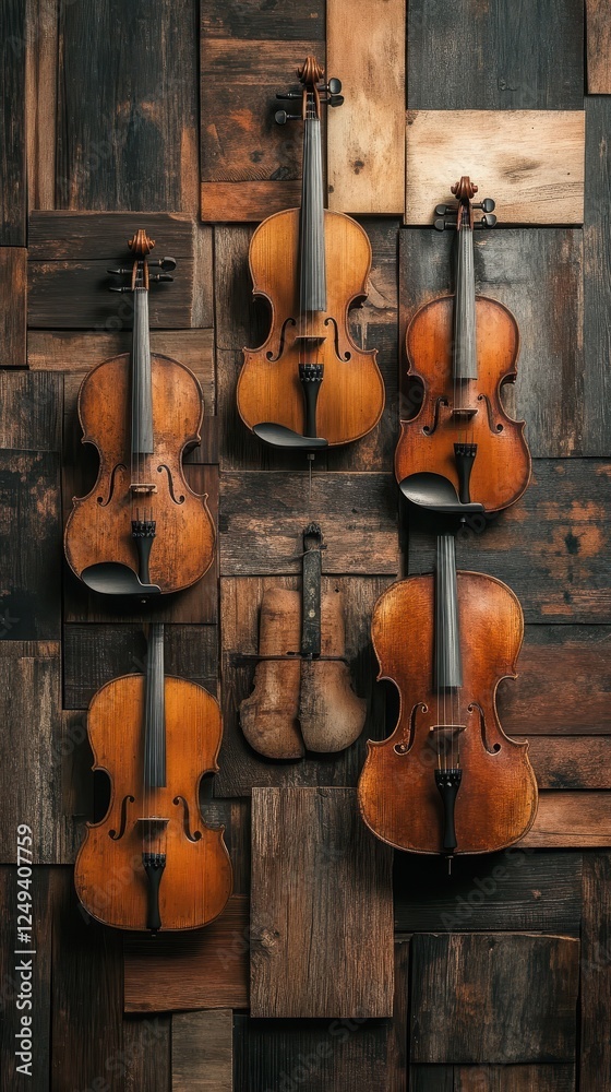 Fototapeta premium Several violins are displayed against a wooden plank background