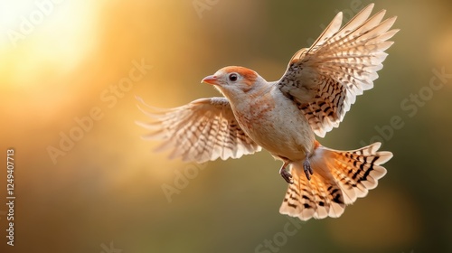 A captivating image of a flying bird captured mid-motion against a soft gold-orange sunset backdrop, evoking a sense of peace, beauty, and the spirit of nature. photo