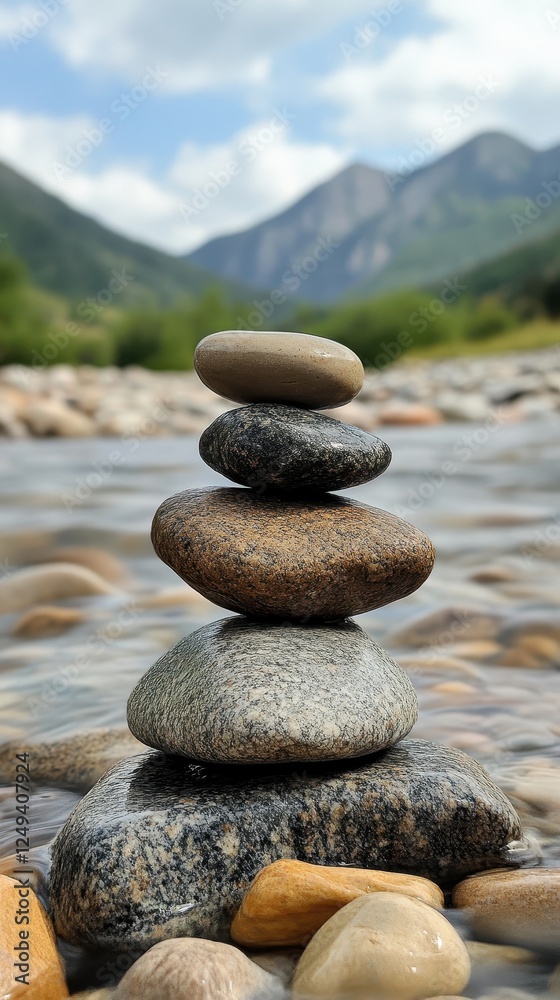 Stacked river rocks display balance in nature near mountains Stacked river rocks display balance in nature near mountains