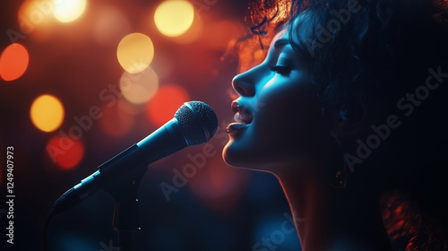 Singer performing passionately at a vibrant music venue during a lively night