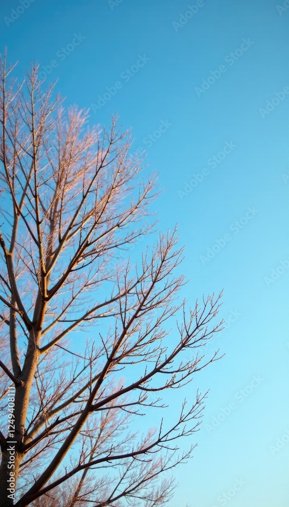 Bare branches against a clear blue sky with warm golden light, branches, serene Bare branches against a clear blue sky with warm golden light, branches, serene