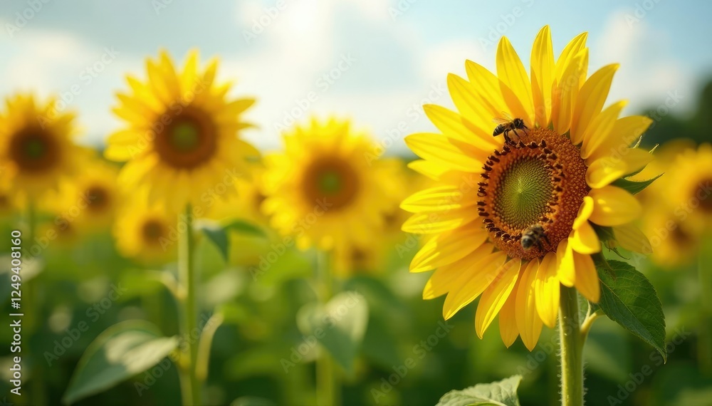 Bees buzzing around a field of tall sunflowers with bright yellow pollen, bee swarm, pollen Bees buzzing around a field of tall sunflowers with bright yellow pollen, bee swarm, pollen