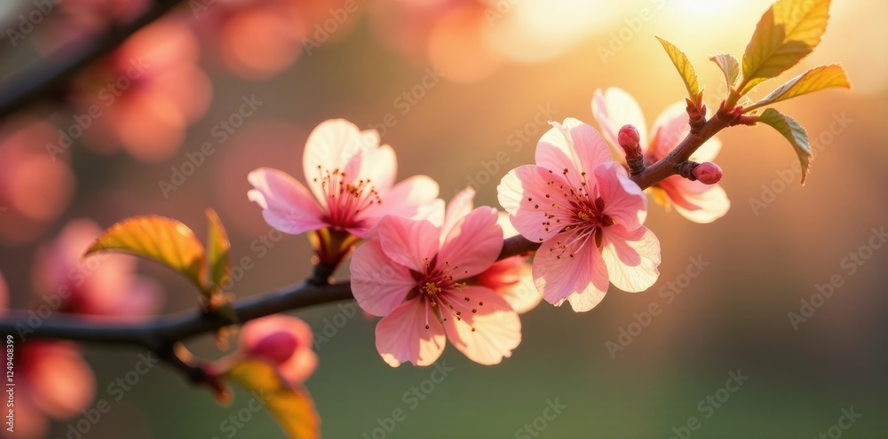 Delicate apricot branches unfurl in the warm sunlight, blossoms, floral, apricot tree branch bloom Delicate apricot branches unfurl in the warm sunlight, blossoms, floral, apricot tree branch bloom