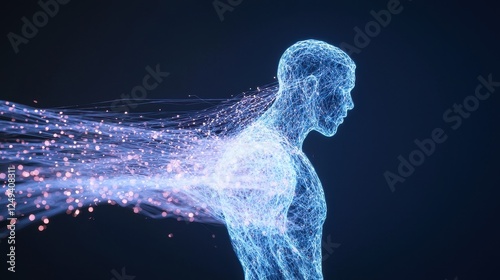 Glowing Human Figure with Energy Particles in Motion against Dark Background