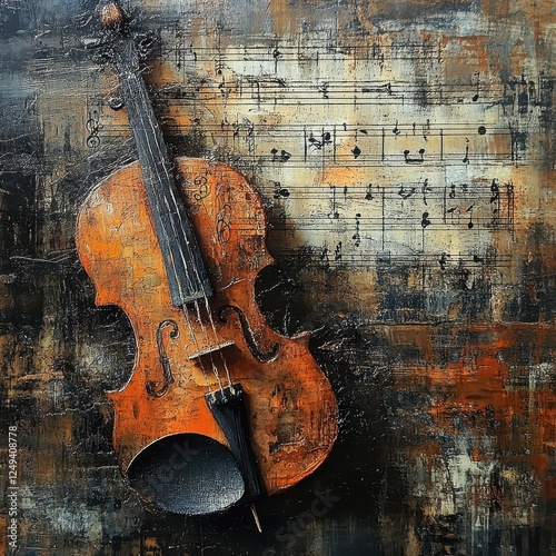 Painted violin resting against wall with sheet music backdrop