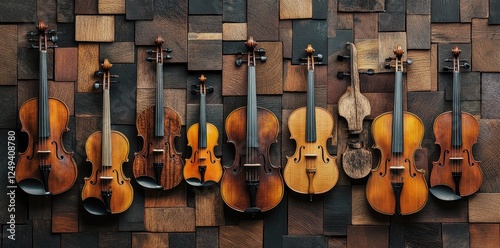 Collection of violins and a stringed instrument on display