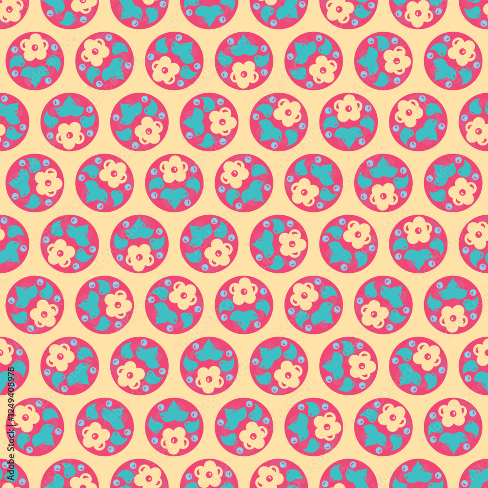Cute botanical circles surface pattern design. Vector illustration background of flowers and leaves. Cute botanical circles surface pattern design. Vector illustration background of flowers and leaves.