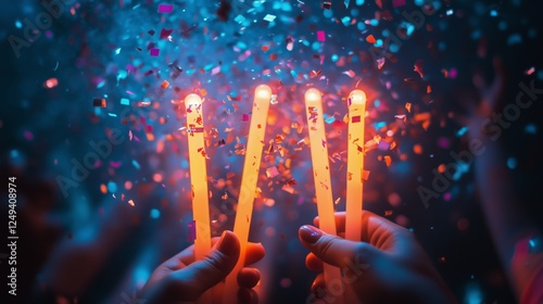 Celebration with glowing candles and confetti at night event in vibrant atmos...