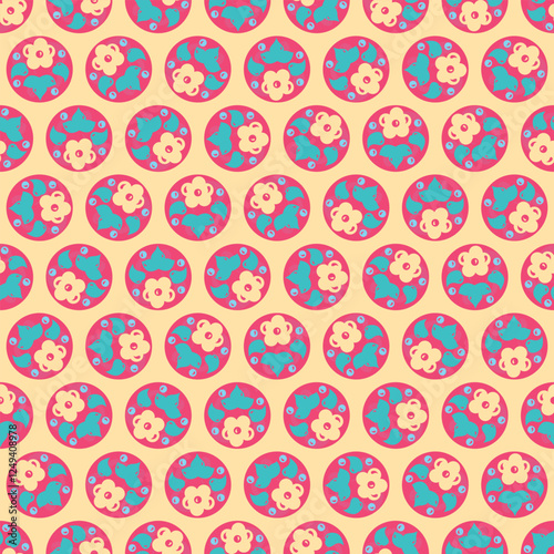 Cute botanical circles surface pattern design. Vector illustration background of flowers and leaves.