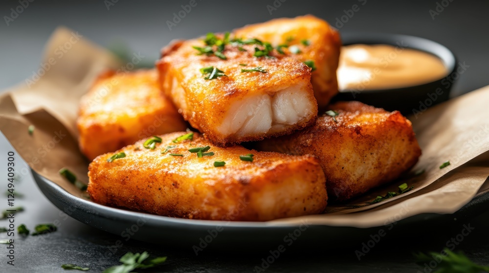 An appealing view of golden, crispy fried fish fillets served with a rich dipping sauce on a sleek dish, perfect for seafood lovers seeking a delightful culinary experience. An appealing view of golden, crispy fried fish fillets served with a rich dipping sauce on a sleek dish, perfect for seafood lovers seeking a delightful culinary experience.