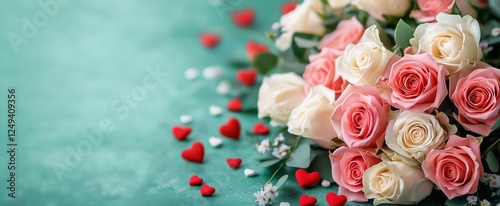 Beautiful arrangement of pink and white roses with red hearts for a romantic ...