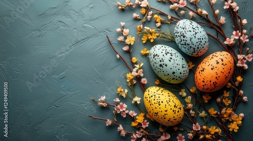 Colorful decorated eggs arranged with blossoms on a blue background for sprin...