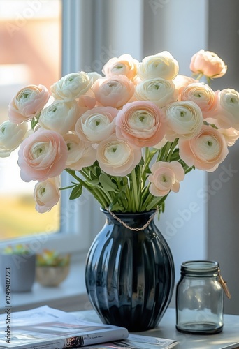 Beautiful bouquet of pastel ranunculus flowers in a modern vase on a windowsi...