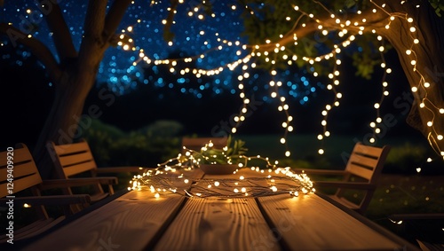 Empty Wood table top with decorative outdoor string lights hanging on tree in the garden at night time	
