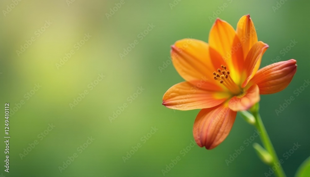 Delicate orange blossom with three tightly closed buds on a green stem, orange, stem Delicate orange blossom with three tightly closed buds on a green stem, orange, stem