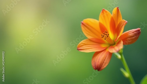 Delicate orange blossom with three tightly closed buds on a green stem, orange, stem