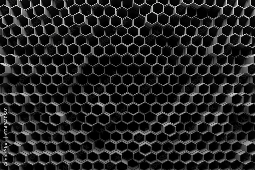 Geometric hexagonal honeycomb pattern in black and white for modern design. 3d render. Geometric hexagonal honeycomb pattern in black and white for modern design. 3d render.