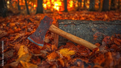Rusty axe resting on log in autumn forest photo