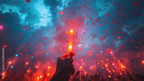 Crowd enjoys vibrant celebration with colorful lights and confetti in the nig...