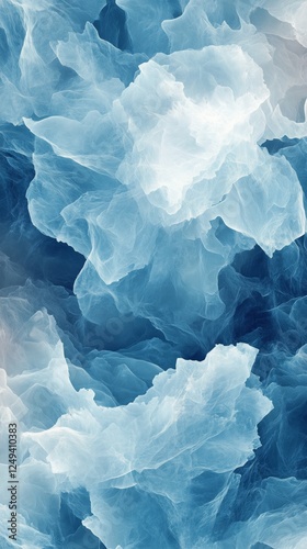 Abstract depiction of blue and white textured patterns resembling clouds or i...
