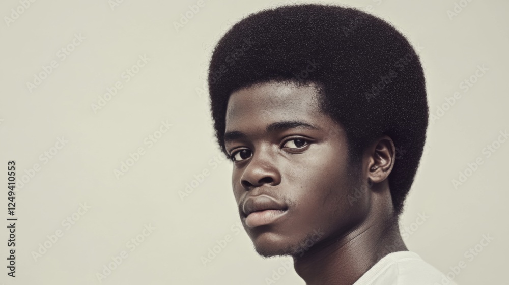 Young man, serious expression, studio portrait, neutral background, profile view Young man, serious expression, studio portrait, neutral background, profile view