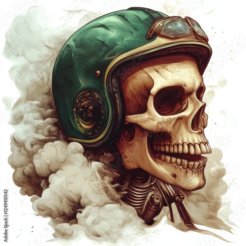 T-shirt design, skull on a motorcycle with a helmet and green cap, smoke vector illustration art style,