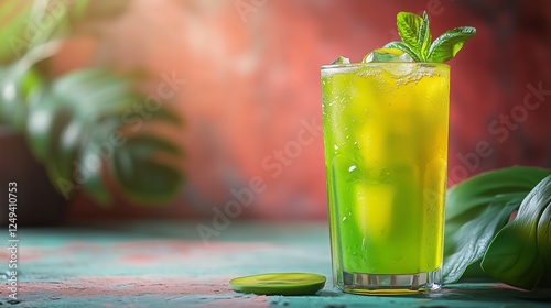 Refreshing green drink with mint in a glass on a colorful surface