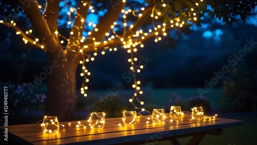 Empty Wood table top with decorative outdoor string lights hanging on tree in the garden at night time	
